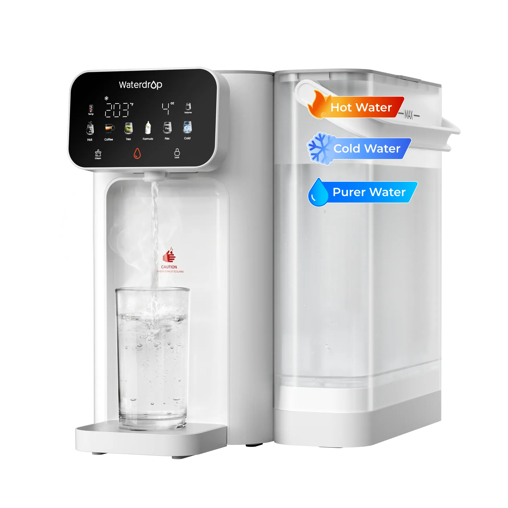 White Waterdrop countertop water filter dispenser with digital display pouring hot water into a glass.