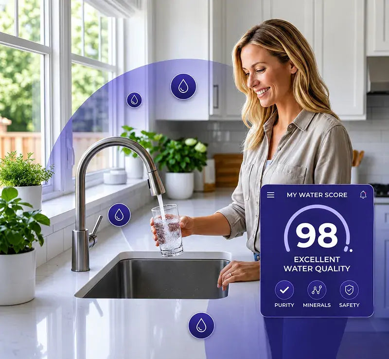Woman in a kitchen with a glass of water, surrounded by water quality graphics and a score overlay.