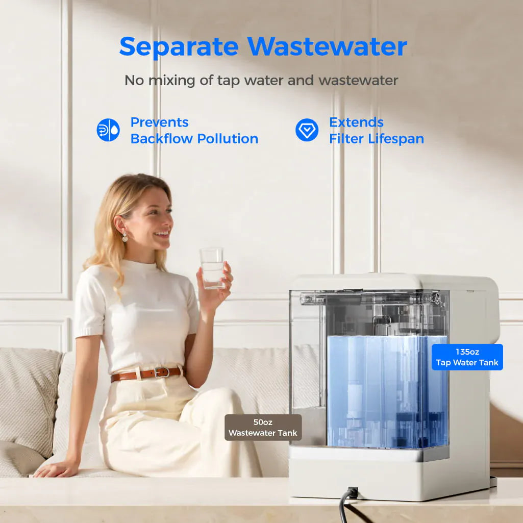 White Waterdrop M6SL countertop filter with a 135oz Tap Water Tank and a 50oz Wastewater Tank next to a woman holding a gl...