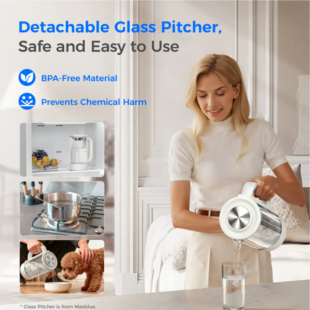 A woman pours water from a white and glass pitcher into a glass. Insets show the pitcher in a fridge and on a stove.