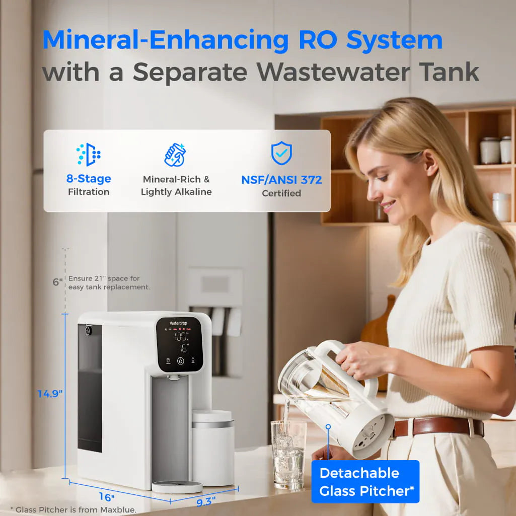 White and black Waterdrop M6SL countertop water filter with a digital display and a detachable glass pitcher.