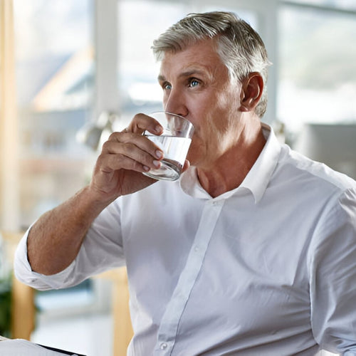 Older man drinking water dress shirt