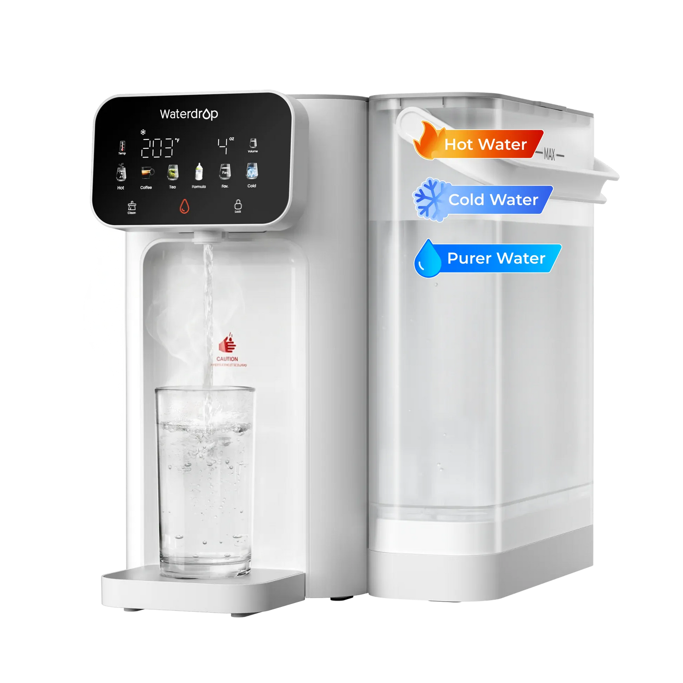 White Waterdrop countertop water filter dispenser with digital display pouring hot water into a glass.