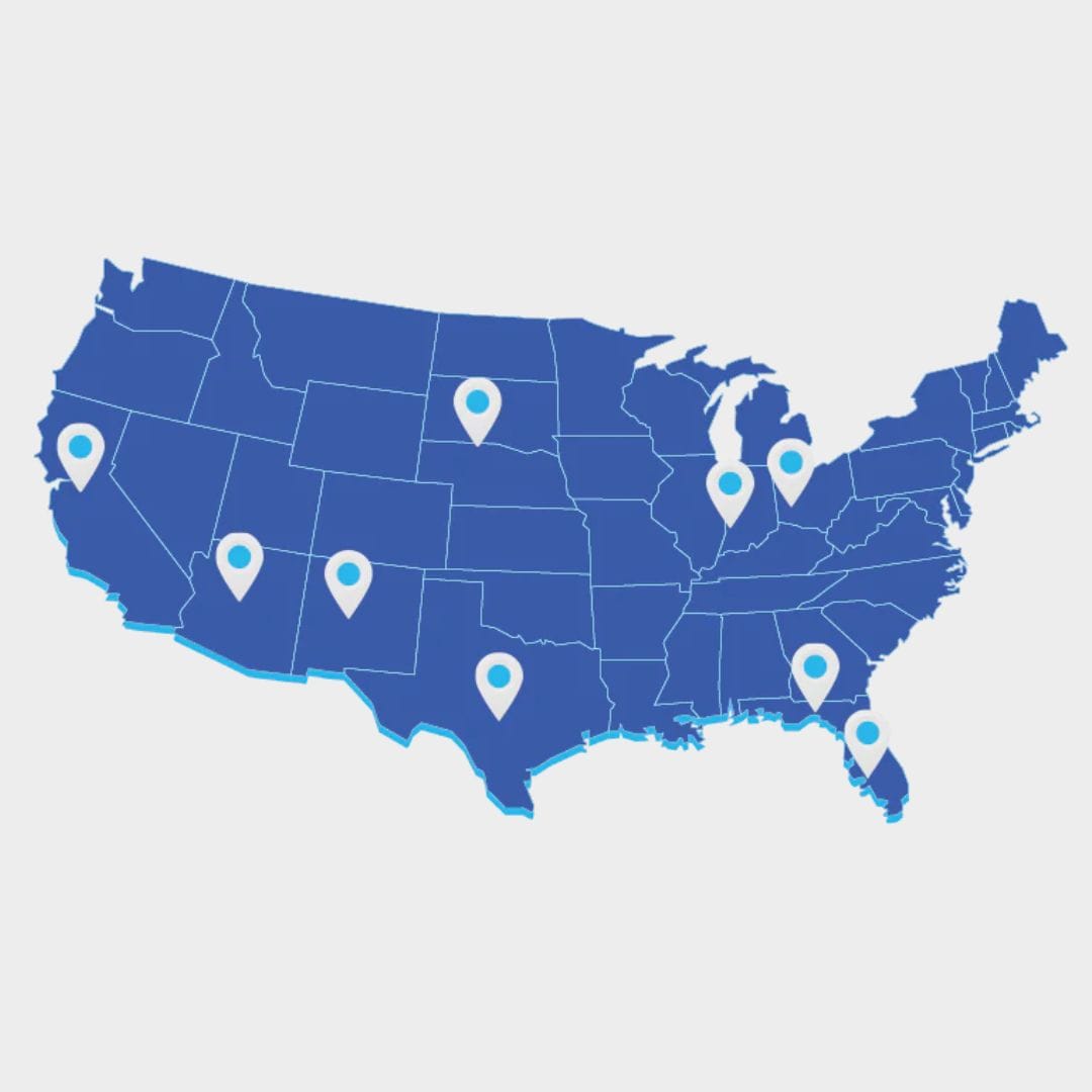 Map of the United States with location markers on a light gray background