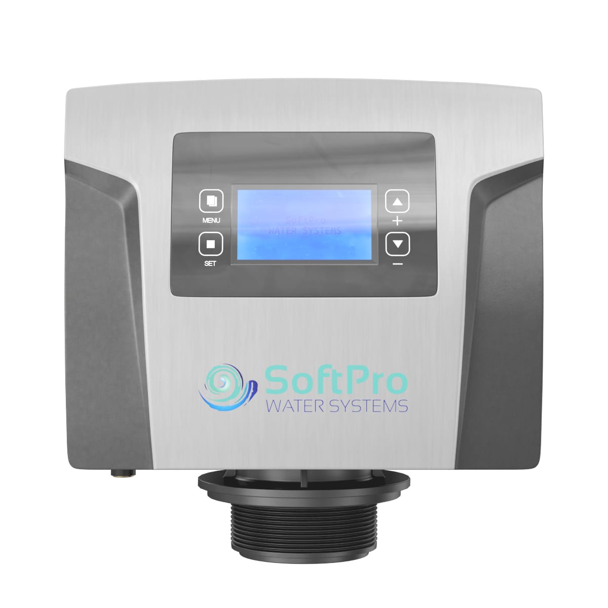 Silver and grey plastic SoftPro WATER SYSTEMS control valve with a blue digital screen and four navigation buttons.
