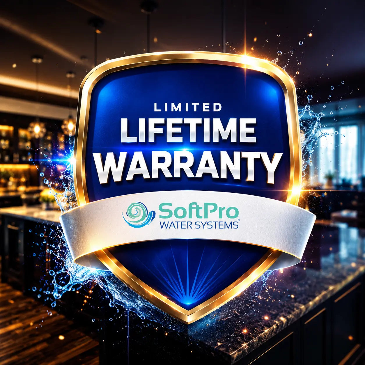 Promotional graphic for SoftPro Water Systems with a lifetime warranty offer, set against a blurred restaurant interior.