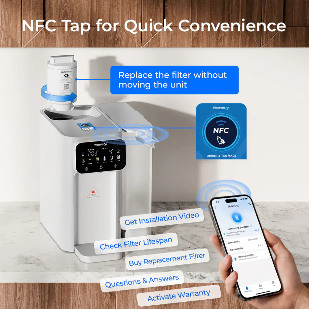White Waterdrop CT01 countertop water dispenser with a digital display and a hand holding a smartphone with the app open.