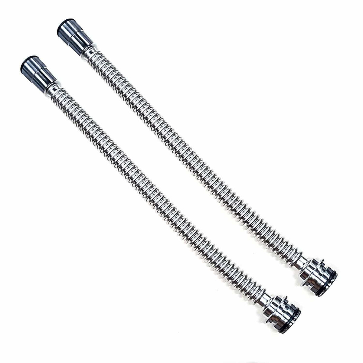 Two corrugated silver metal flex lines for SoftPro ECO softeners and carbon filters arranged diagonally on white.