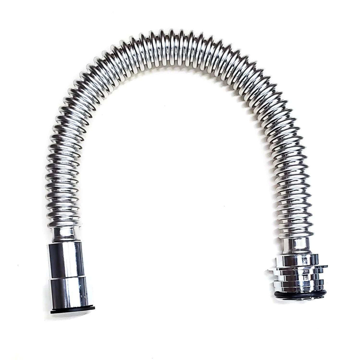 One curved, silver metal corrugated flex line with 3/4" connectors on a white background.