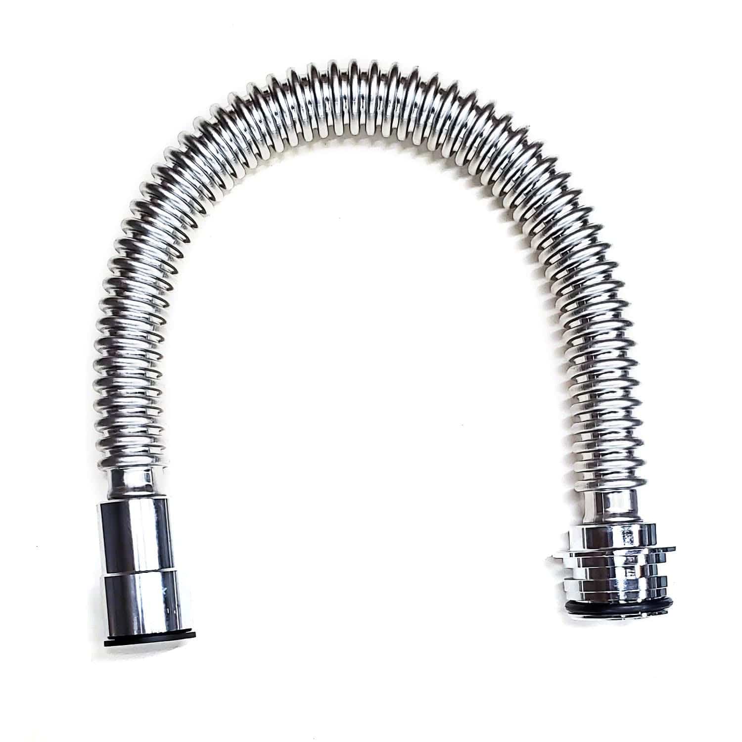 One curved, silver metal corrugated flex line with 3/4" connectors on a white background.