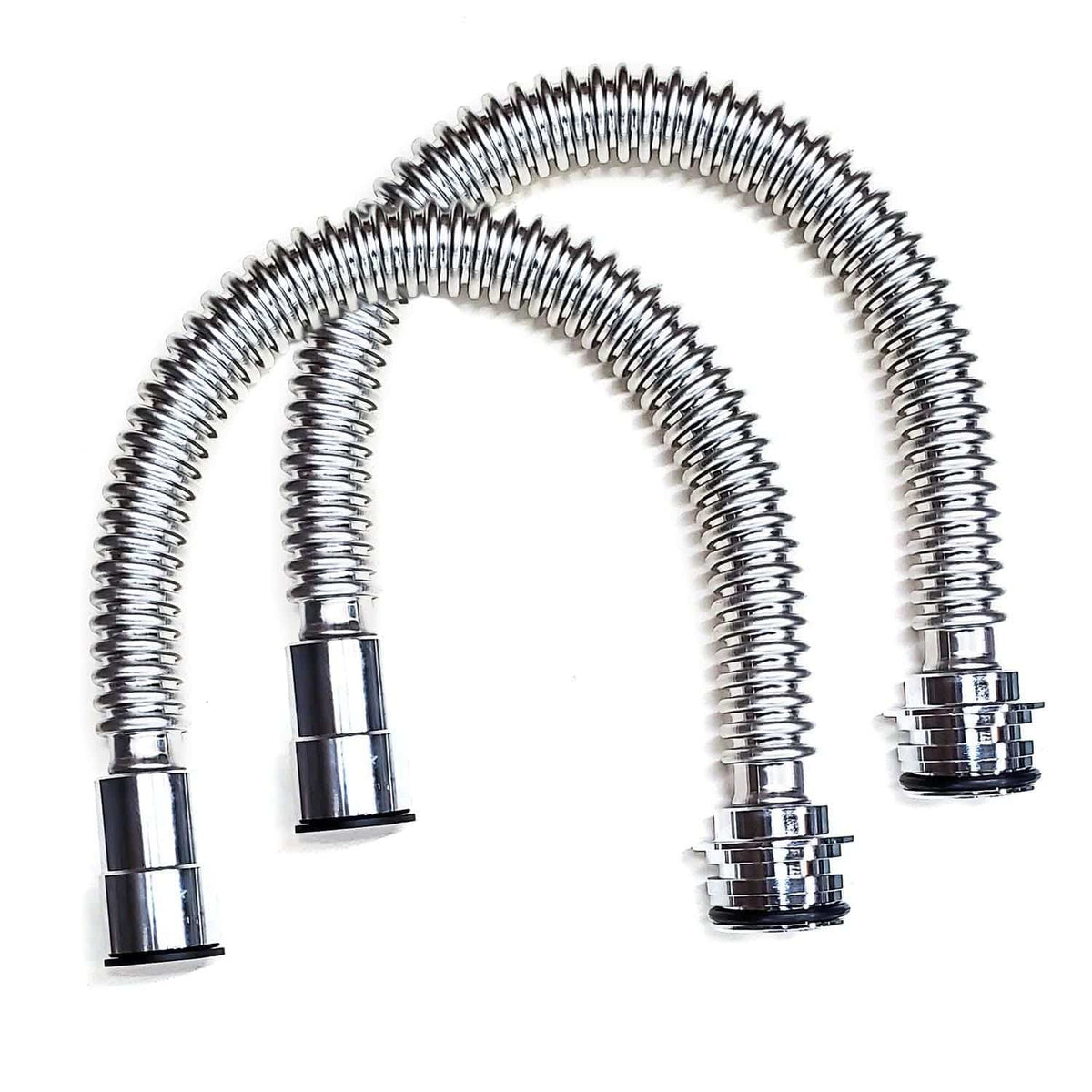 Two curved, silver metallic corrugated flex lines with 3/4 inch connectors on a white background.