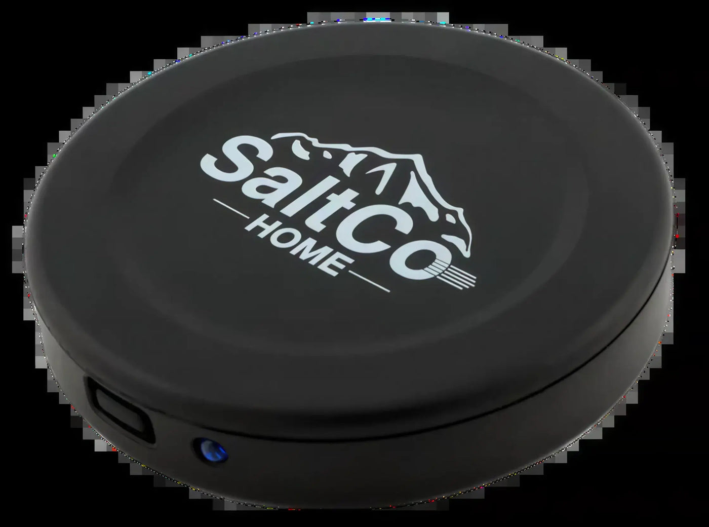 Round black plastic SaltCo HOME sensor with a mountain logo and a small blue light on the side.