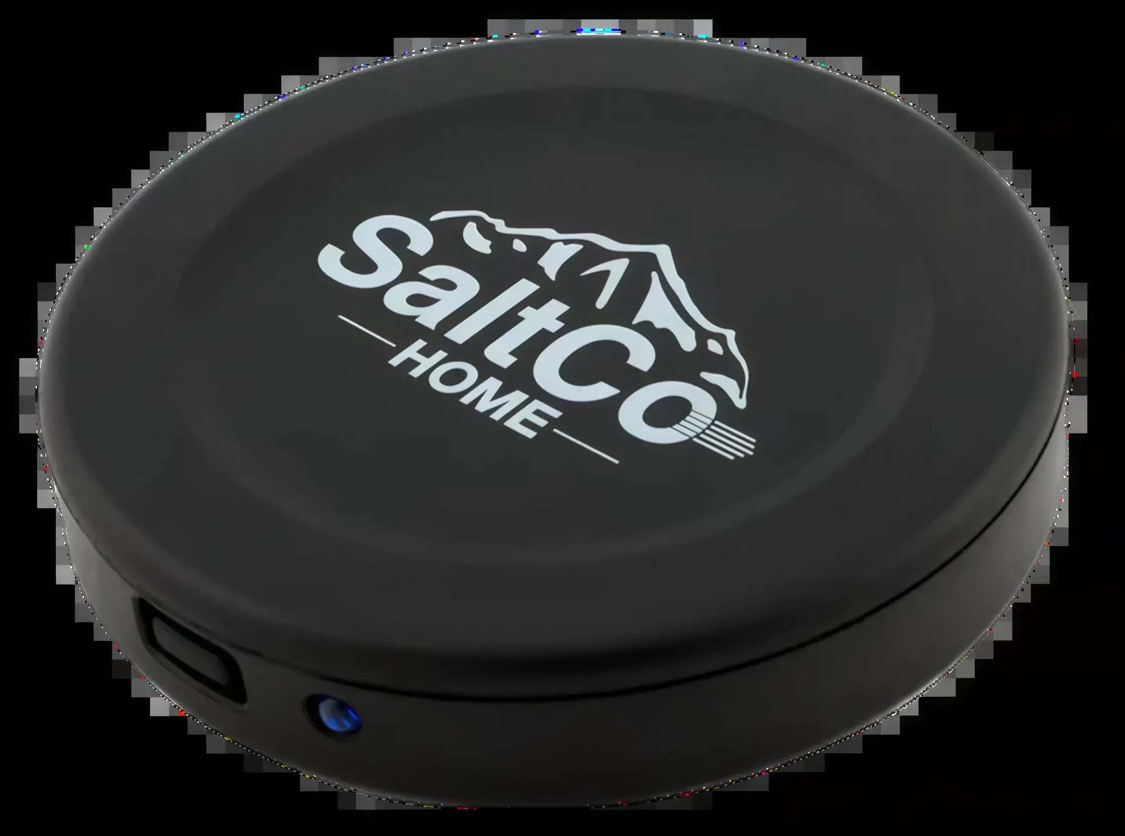 Round black plastic SaltCo HOME sensor with a mountain logo and a small blue light on the side.