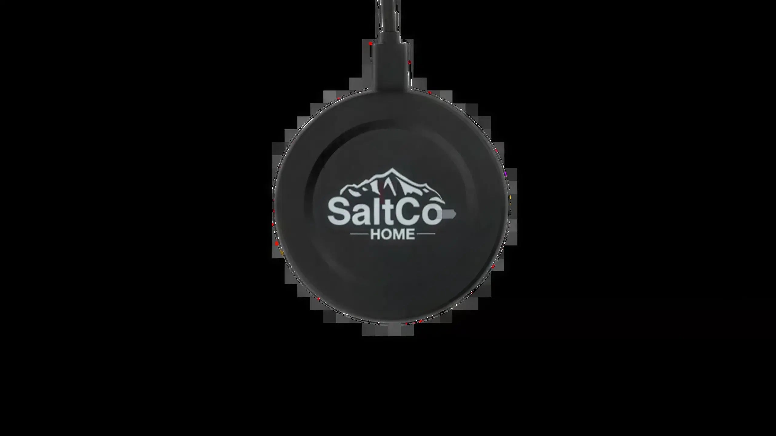 Round black plastic SaltCo HOME sensor with a mountain logo and attached cable, centered on a black background.