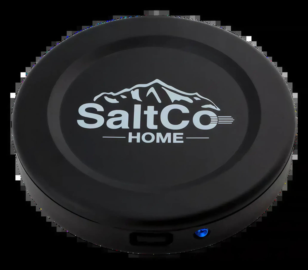 Round black plastic SaltCo HOME sensor with a mountain logo and a small blue light on the side.