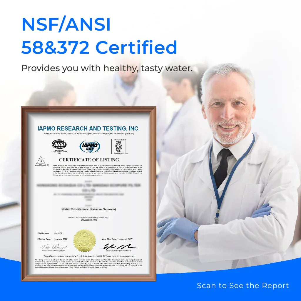 A man in a white lab coat stands next to a framed IAPMO Certificate of Listing for Water Conditioners (Reverse Osmosis).