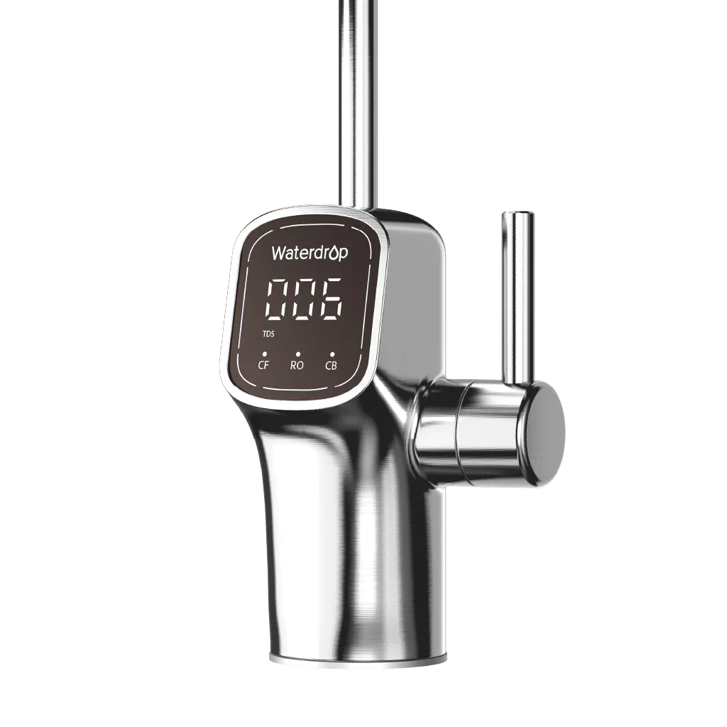 Silver metal faucet with a digital display showing Waterdrop, 006 TDS, and CF RO CB indicators on a black background.