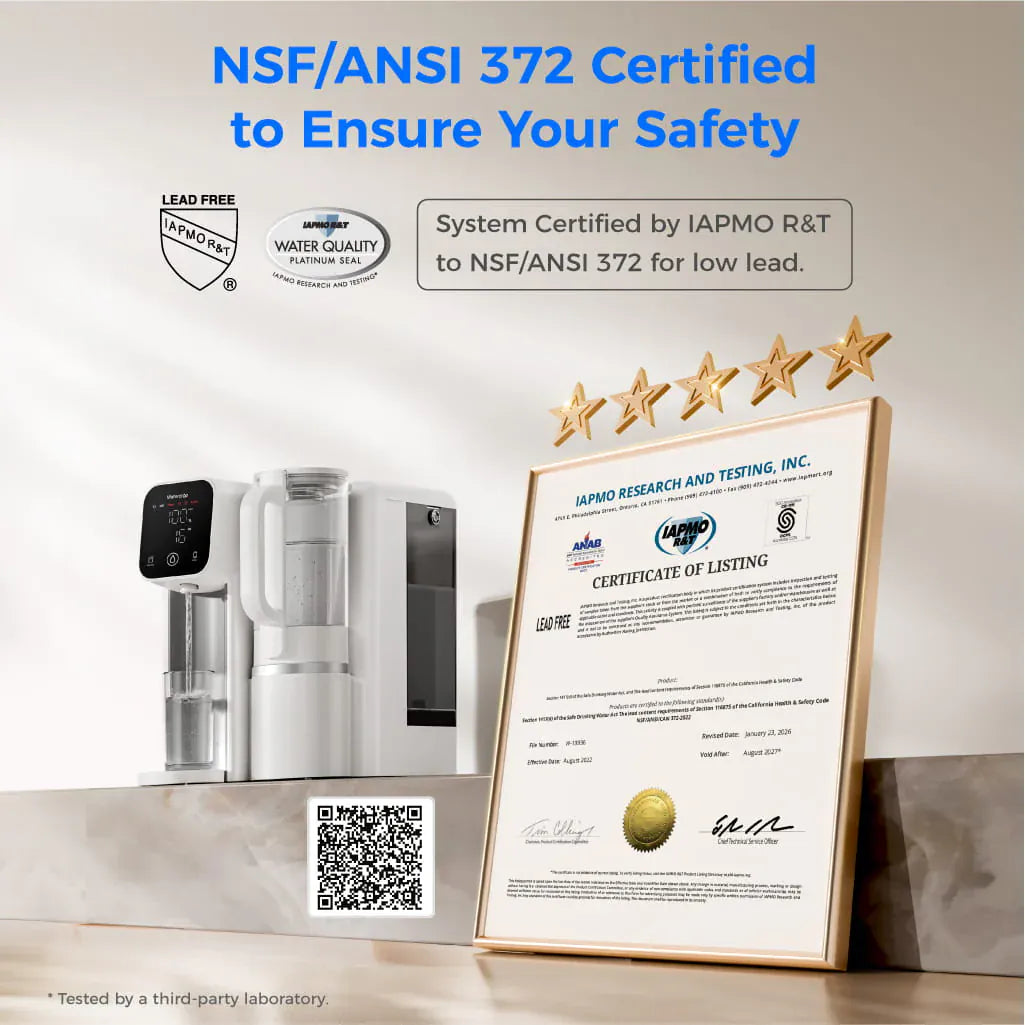 White Waterdrop M6SL countertop filter and glass pitcher next to a framed IAPMO R&T Certificate of Listing.